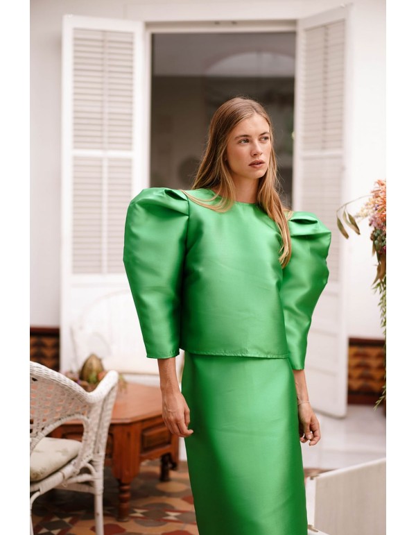 Top de fête en mikado vert avec manches bouffantes 2