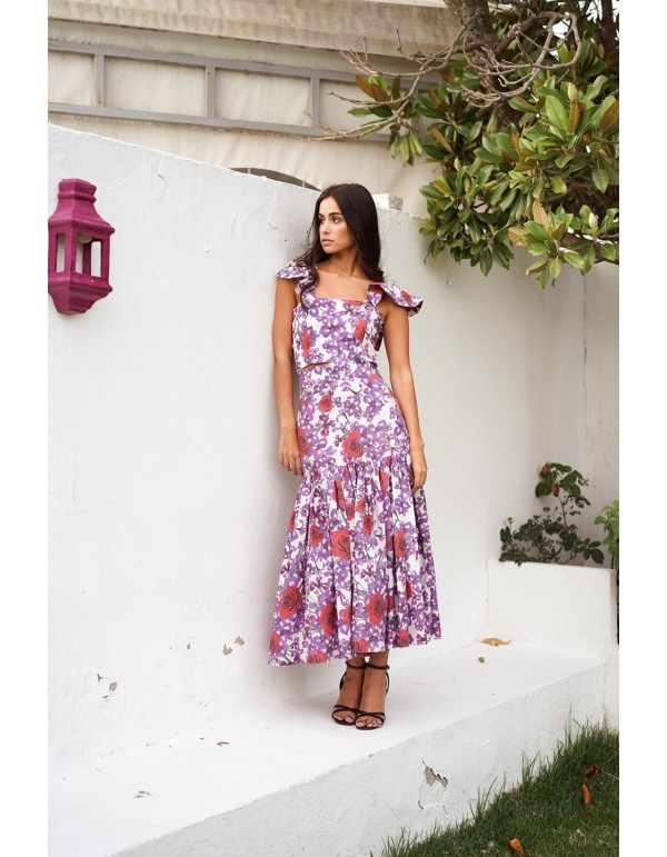 Top estampado de flores morado y rojo con volantes 2
