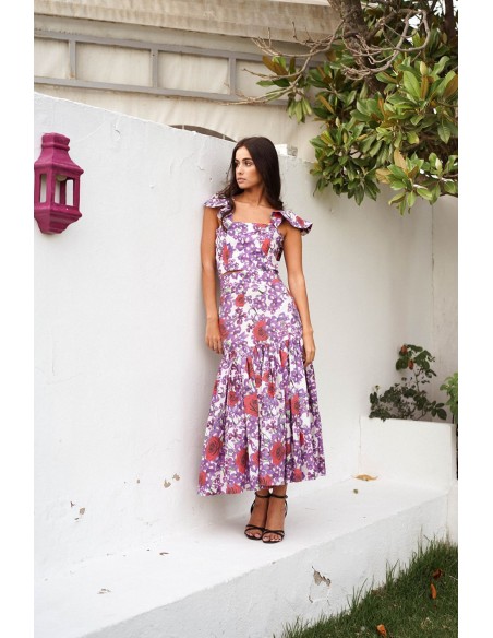 Purple and red floral print top with ruffles
