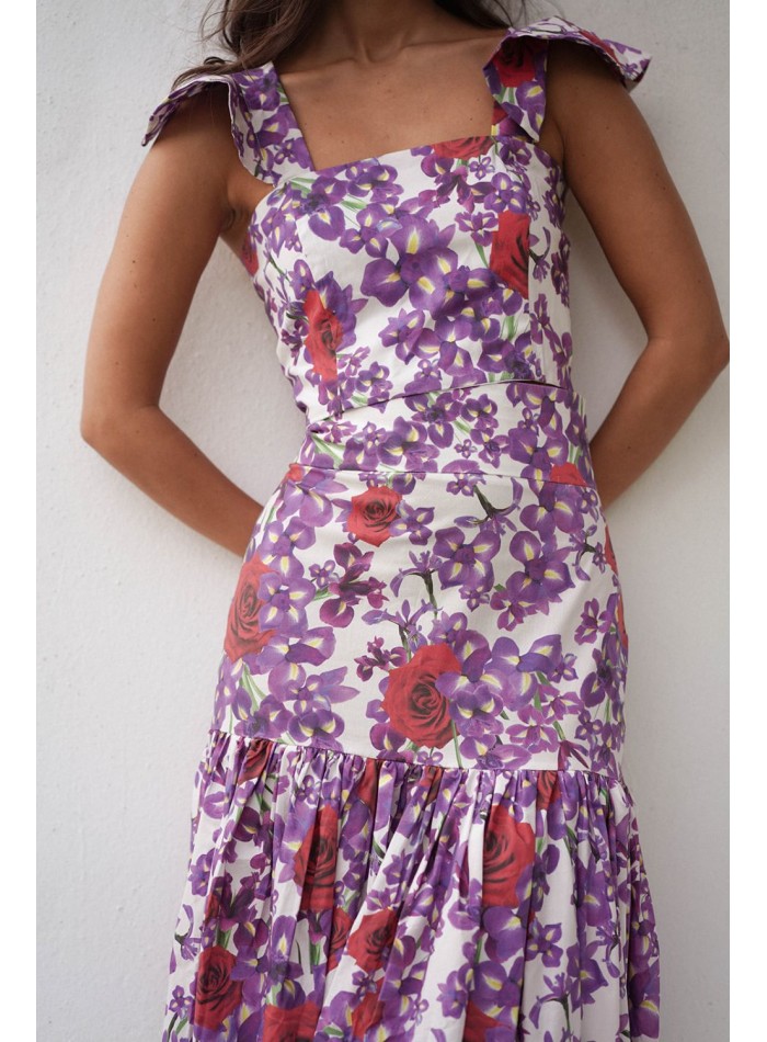 Purple and red floral print top with ruffles