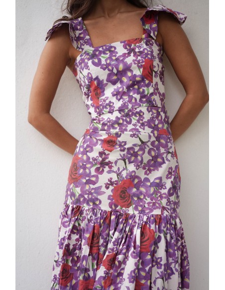 Top à volants imprimé floral violet et rouge