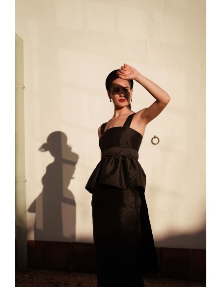 Black taffeta strapless top with peplum ruffle and maxi scarf