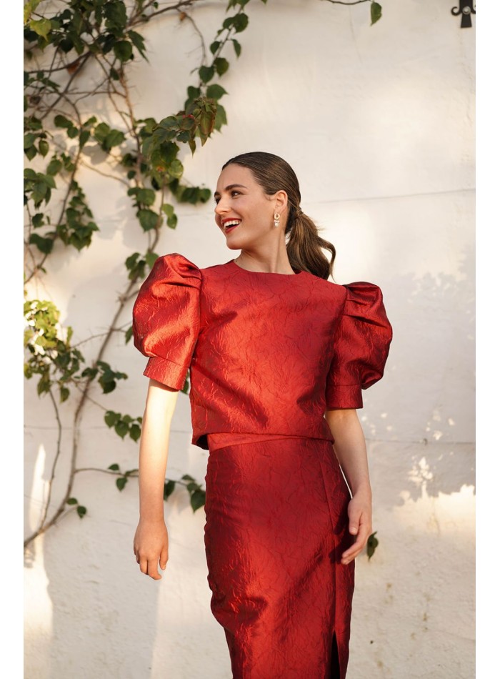 Brocade guest top with short puffed sleeves