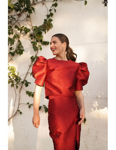 Brocade guest top with short puffed sleeves