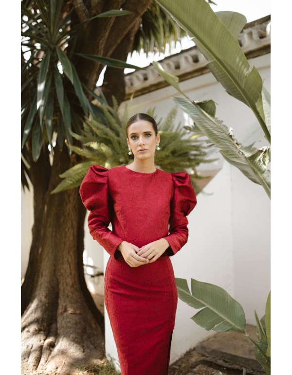 Burgundy floral brocade top with puffed sleeves