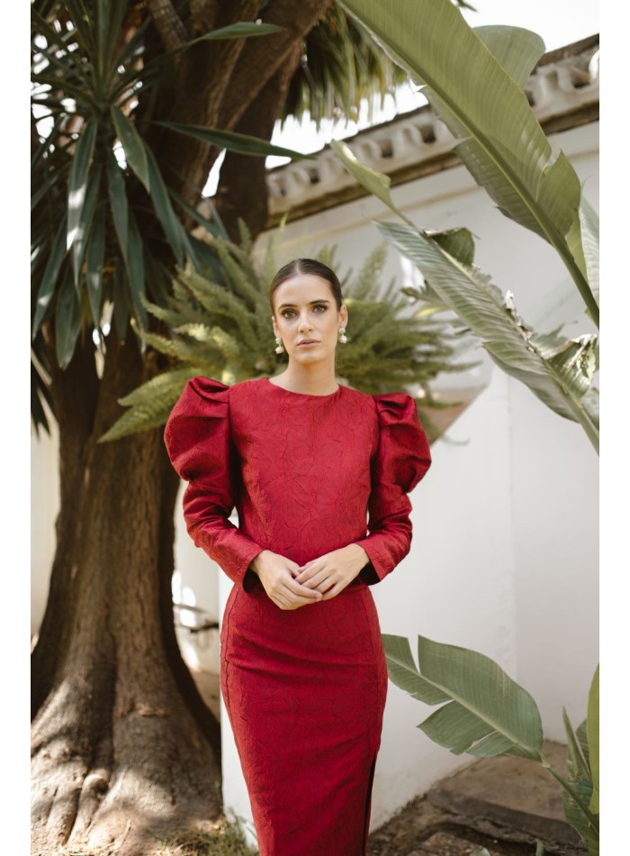 Burgundy floral brocade top with puffed sleeves
