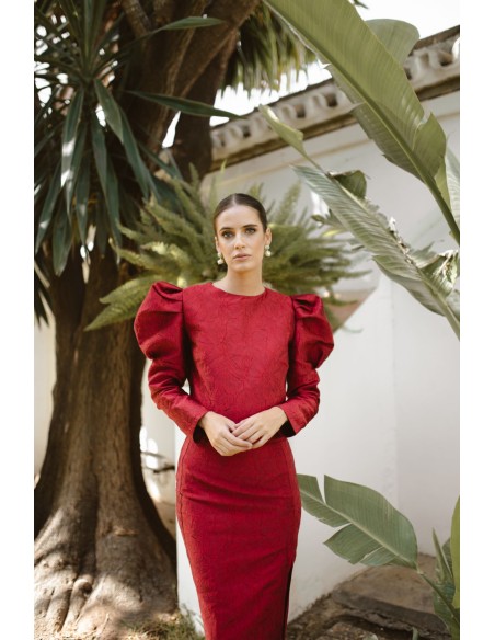 Burgundy floral brocade top with puffed sleeves