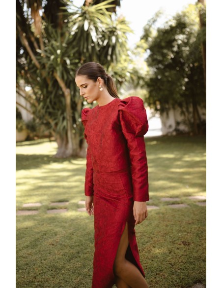 Burgundy floral brocade top with puffed sleeves