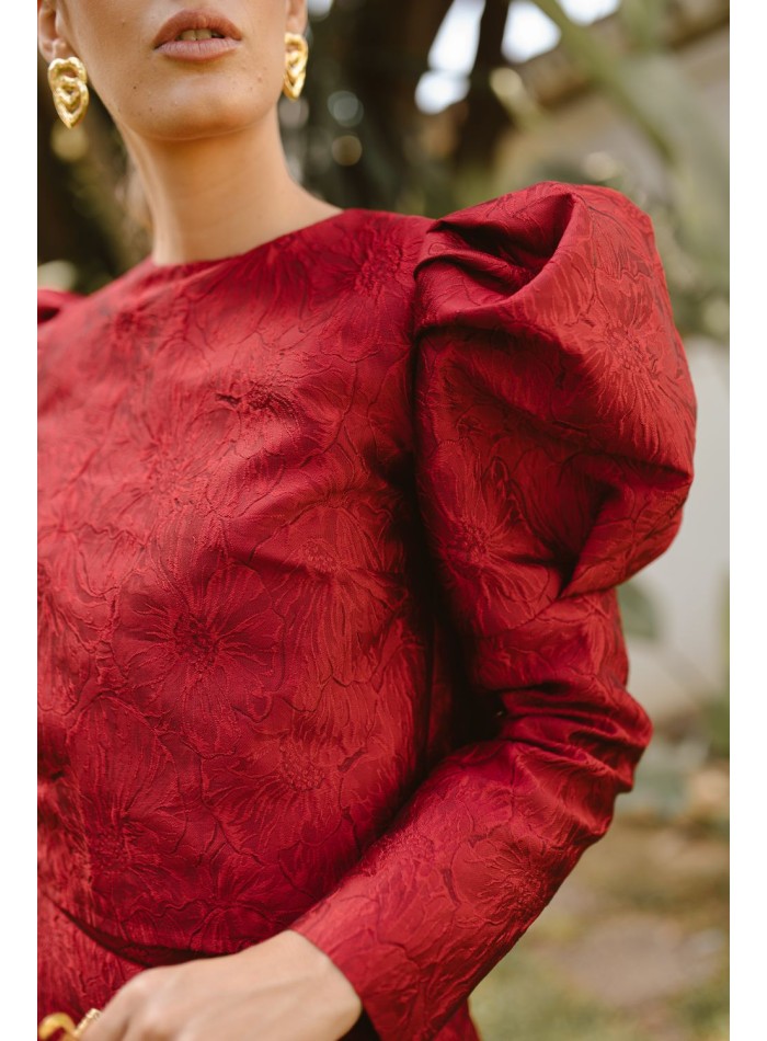 Burgundy floral brocade top with puffed sleeves