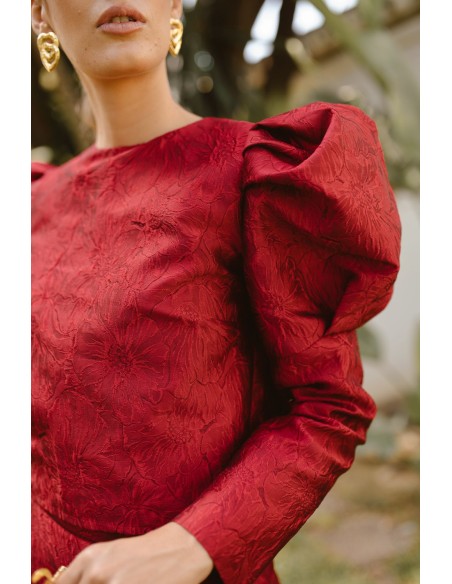 Burgundy floral brocade top with puffed sleeves