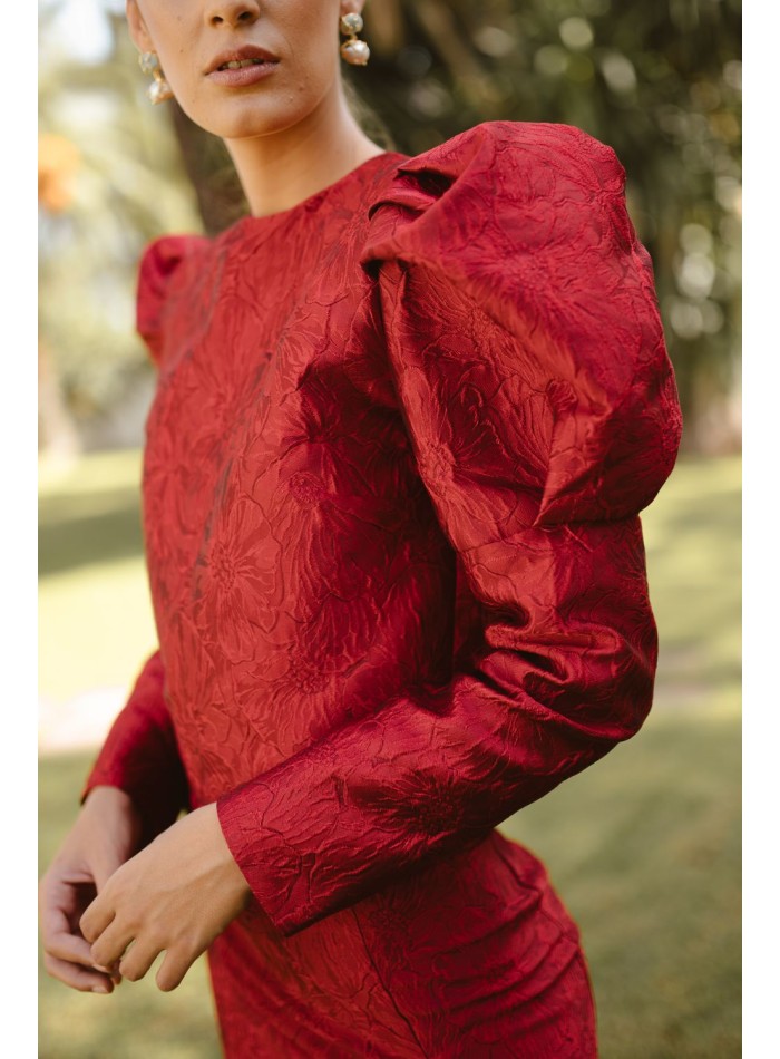 Burgundy floral brocade top with puffed sleeves