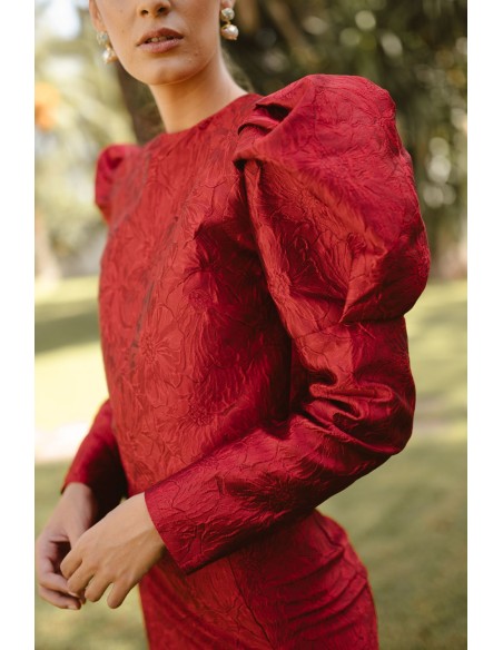 Burgundy floral brocade top with puffed sleeves