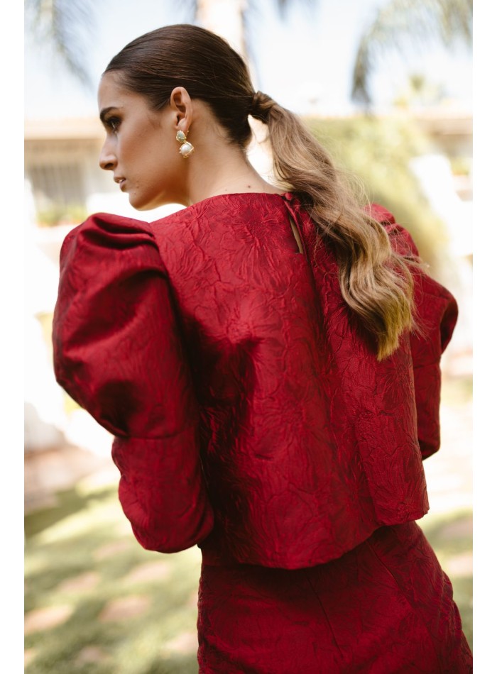 Burgundy floral brocade top with puffed sleeves