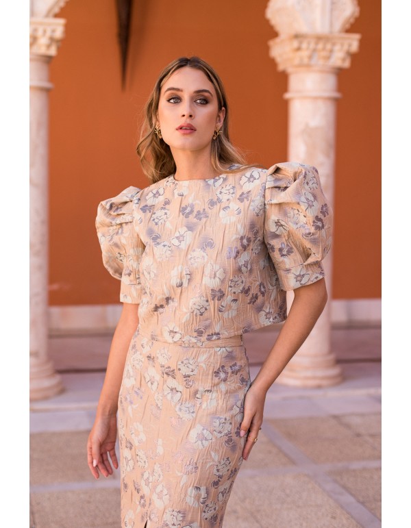 Top brocado de flores con manga corta abullonada 2