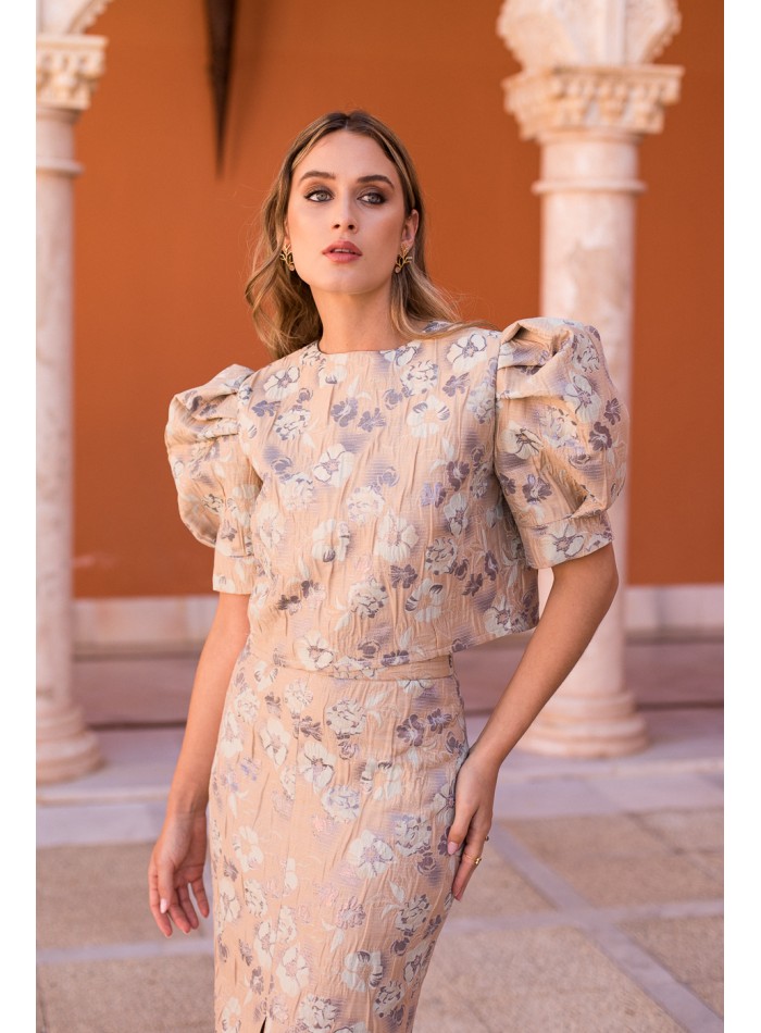 Floral brocade top with short puffed sleeves