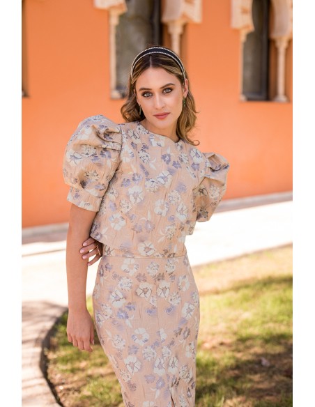 Floral brocade top with short puffed sleeves