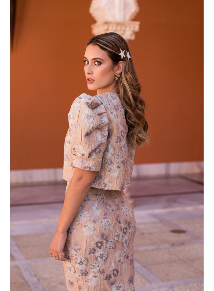 Floral brocade top with short puffed sleeves