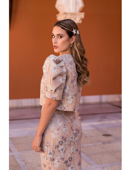 Floral brocade top with short puffed sleeves