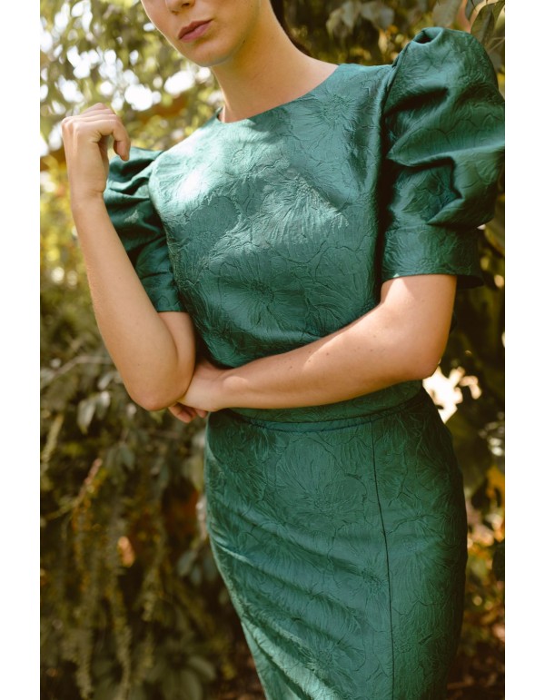 Bottle green floral brocade top with short puffed sleeves 2