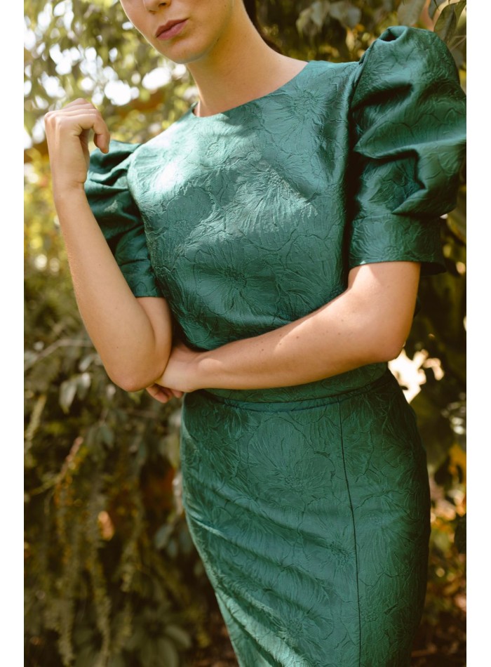 Bottle green floral brocade top with short...