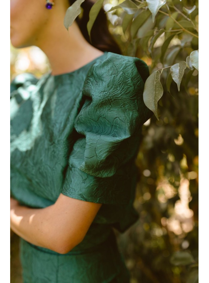 Bottle green floral brocade top with short...