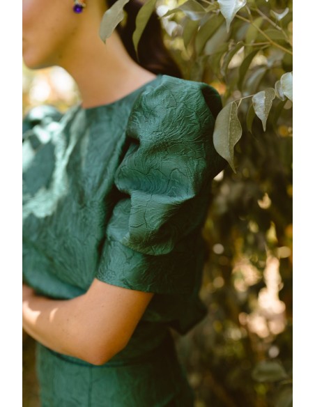 Bottle green floral brocade top with short puffed sleeves