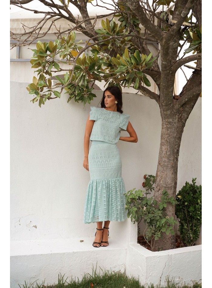 Falda midi verde agua con maxi volante para eventos