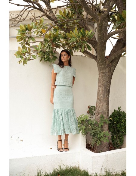 Falda midi verde agua con maxi volante para bautizos