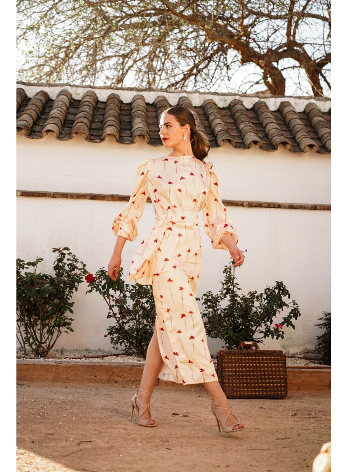 Straight midi skirt with slit and rose print