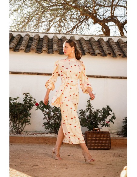 Falda midi recta con abertura y estampado de rosas