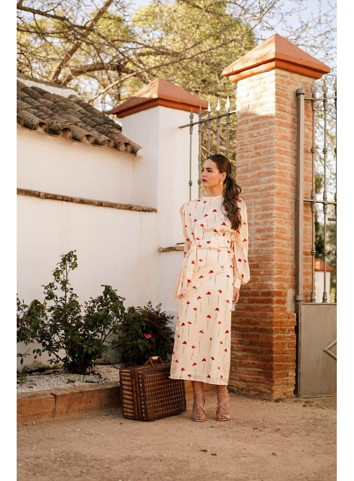 Straight midi skirt with slit and rose print