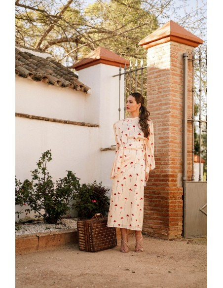 Straight midi skirt with slit and rose print