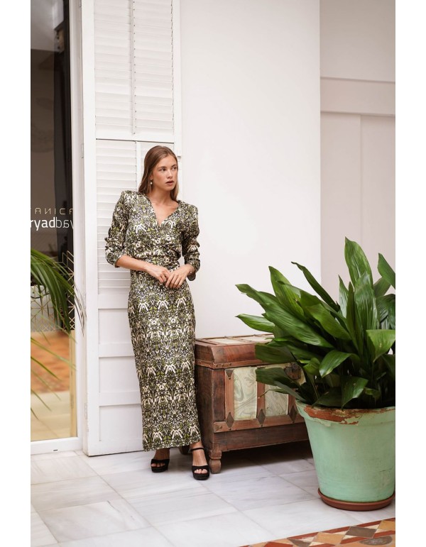 Flared midi skirt printed in green, ecru and black 2