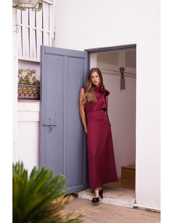Burgundy satin flared midi skirt
