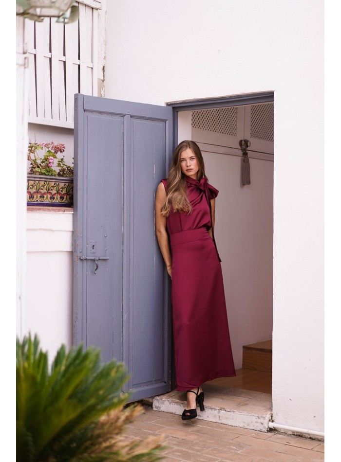 Burgundy satin flared midi skirt