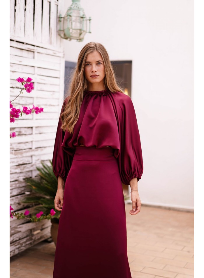 Burgundy satin flared midi skirt