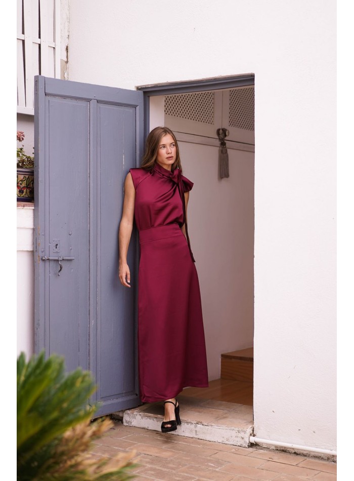 Burgundy satin flared midi skirt