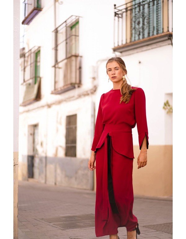 Jupe midi rouge évasée avec volants et laçage 2