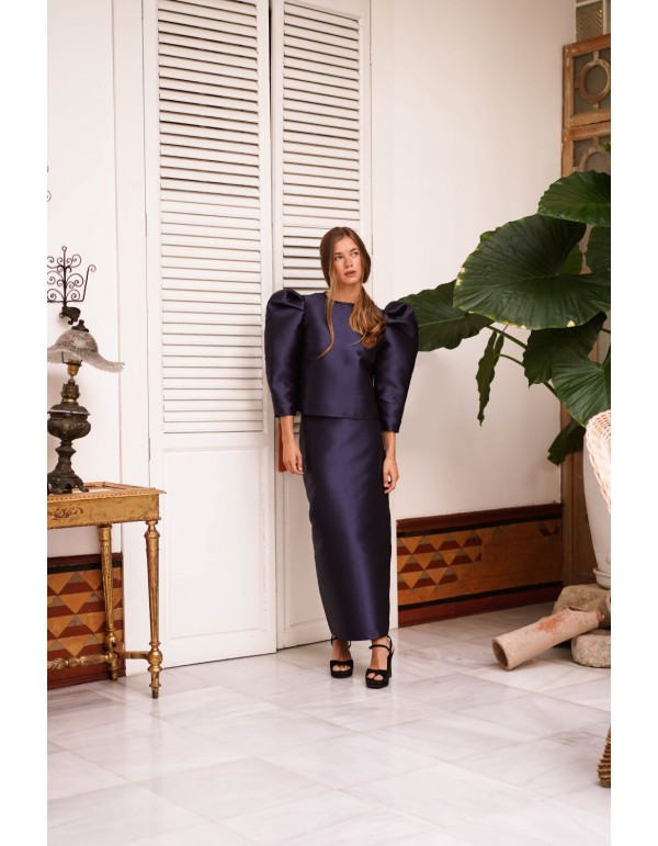 Navy blue mikado straight midi skirt 2