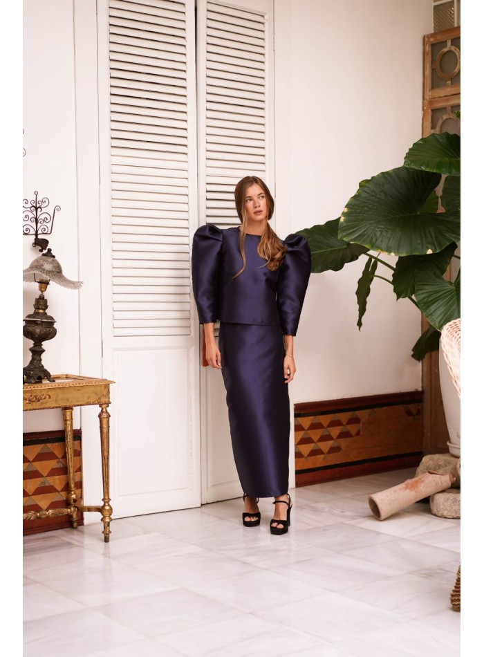 Jupe midi droite en mikado bleu marine