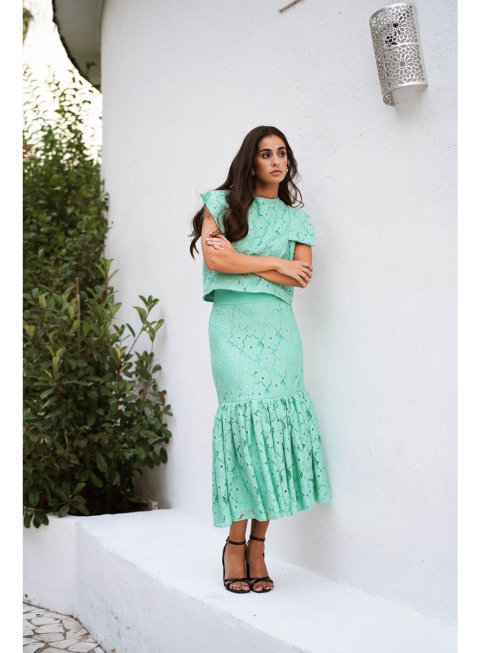Turquoise green lace midi skirt