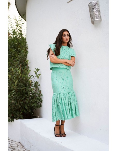 Falda midi de encaje verde turquesa para eventos
