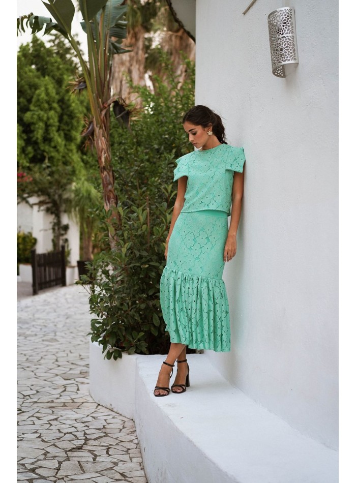 Turquoise green lace midi skirt