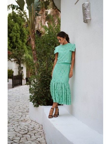Falda midi de encaje verde turquesa para bautizos y comuniones