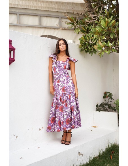 Falda midi estampado floral con maxi volante
