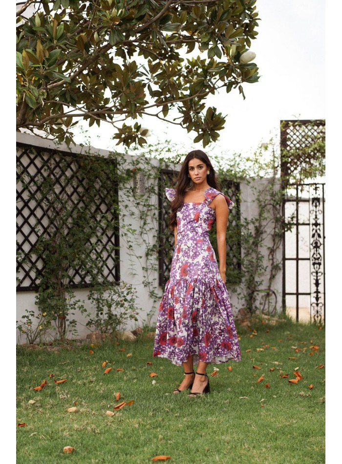 Falda midi estampado floral con maxi volante para eventos