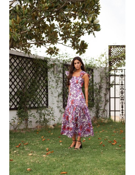 Falda midi estampado floral con maxi volante para eventos