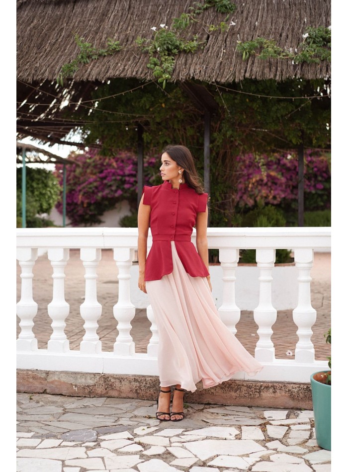 Jupe en mousseline de soie rose poudré avec volant