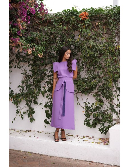 Falda midi evasé malva con volante y lazada para bautizos