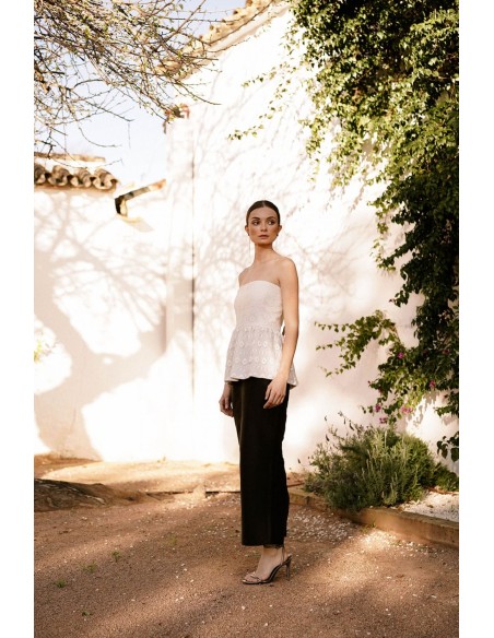 Jupe midi droite en taffetas noir avec fente au dos